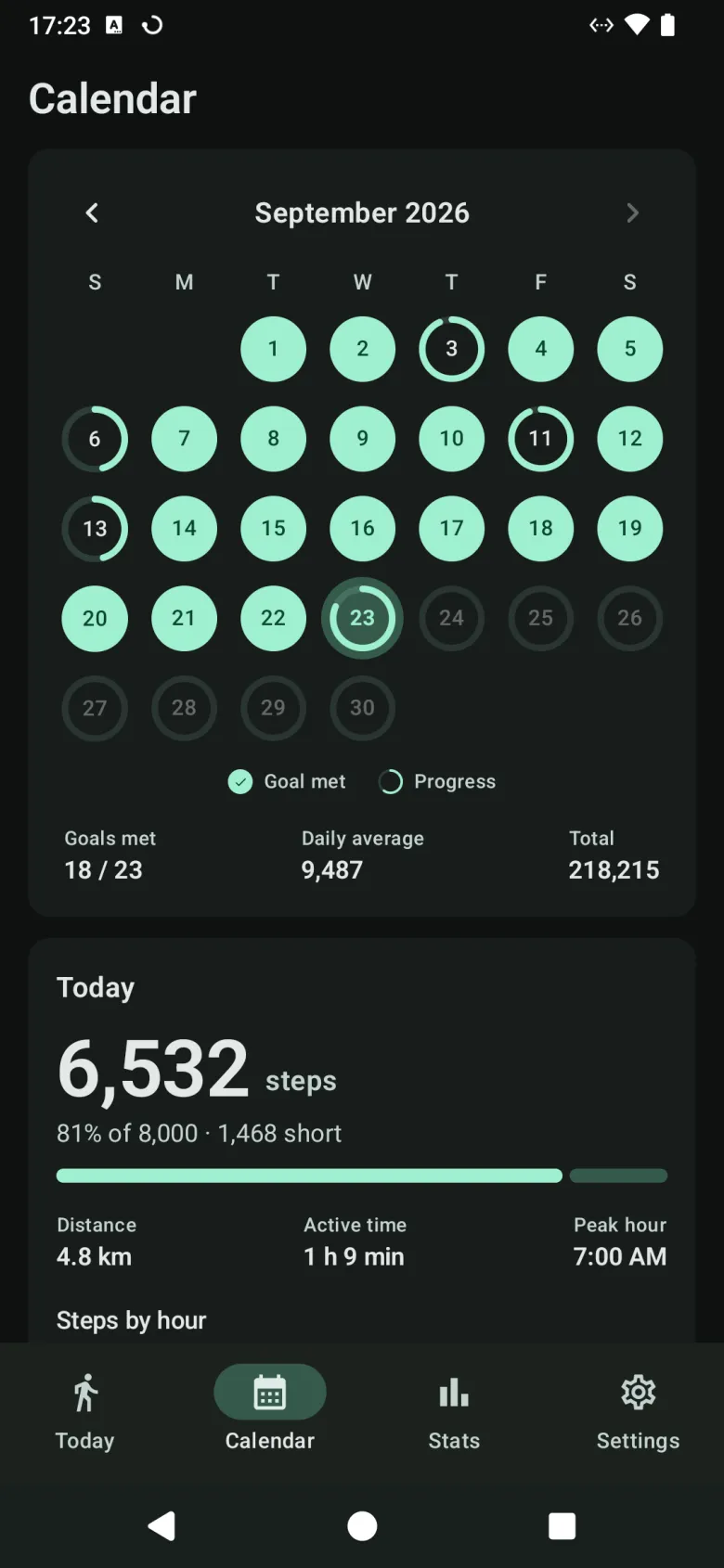 The calendar for the month, each day a ring that is solid when the goal was met, with goals met, daily average and total below
