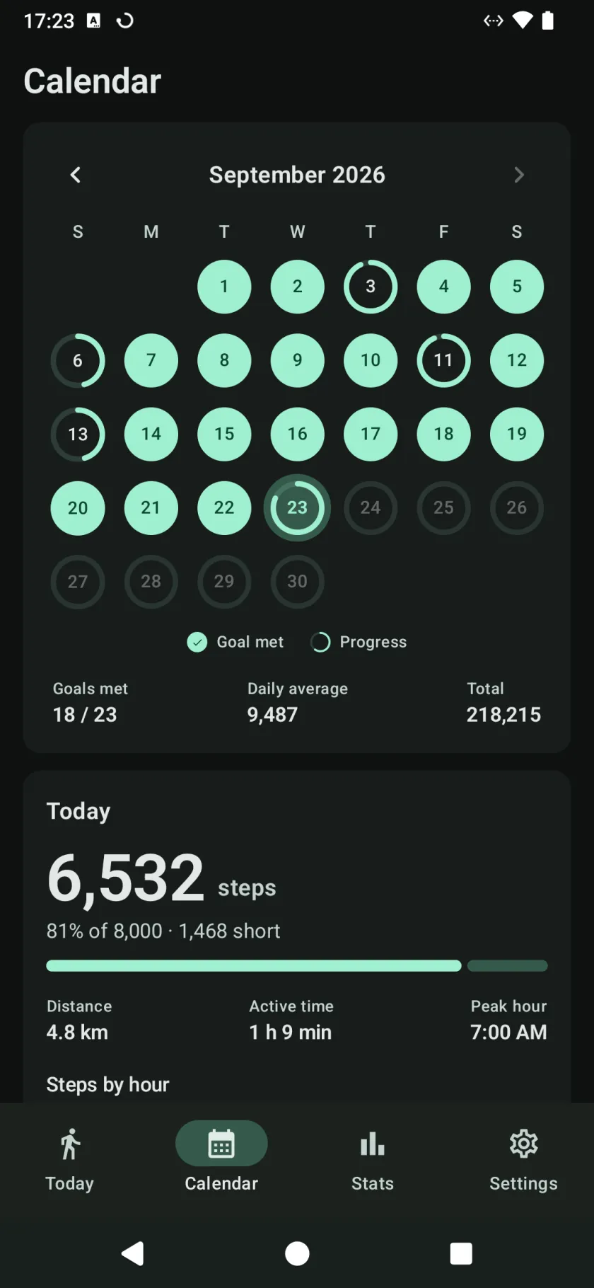 The calendar for the month, each day a ring that is solid when the goal was met, with goals met, daily average and total below