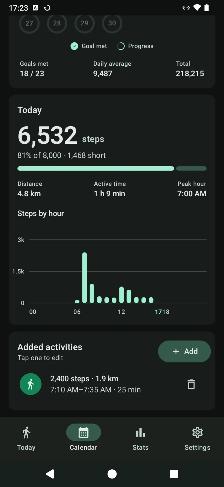A day opened from the calendar, with its steps against the goal, distance, active time, peak hour, steps by hour and an added activity
