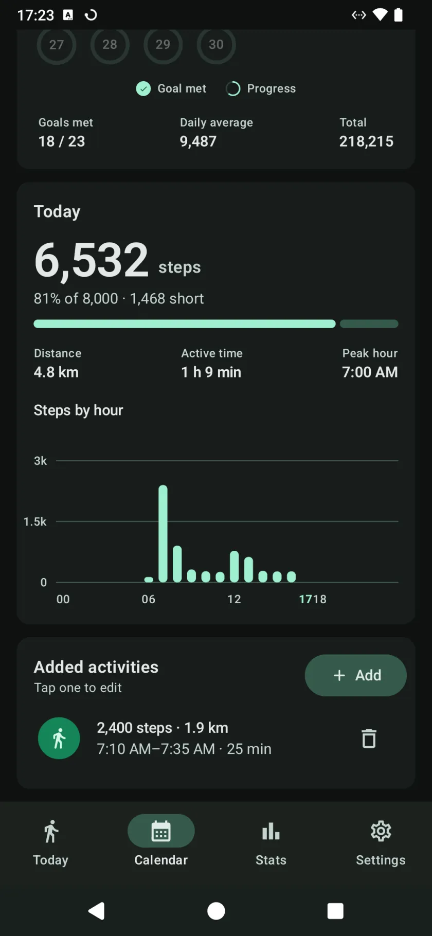 A day opened from the calendar, with its steps against the goal, distance, active time, peak hour, steps by hour and an added activity