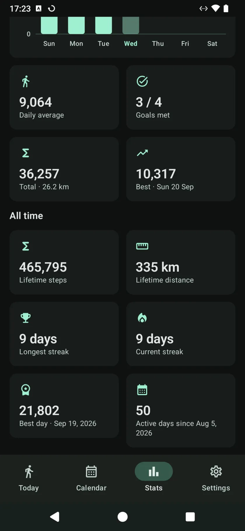 Further down Statistics: the week’s average, goals met, total and best day, then all-time figures including lifetime steps and distance, streaks and best day