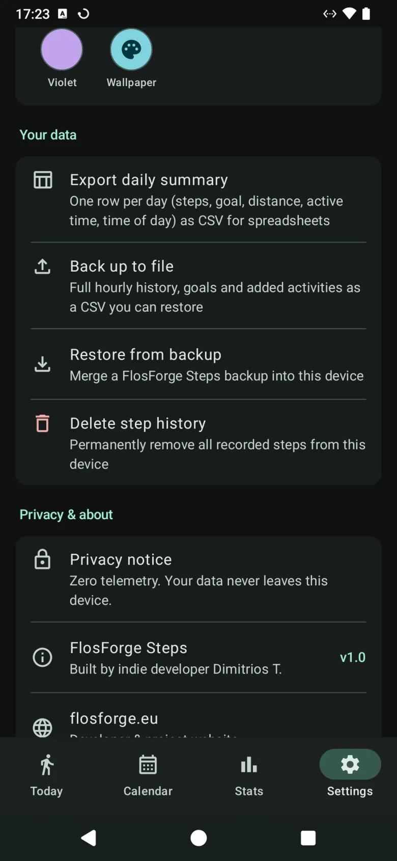 Further down Settings: your data — export a daily summary, back up to a file, restore, delete step history — and the privacy notice
