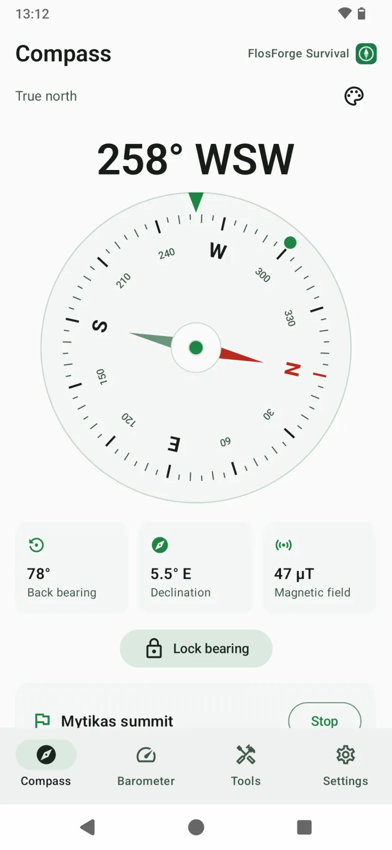 The Compass tab: a classic dial reading in true north, with back bearing, declination and magnetic field below, and a waypoint being navigated to
