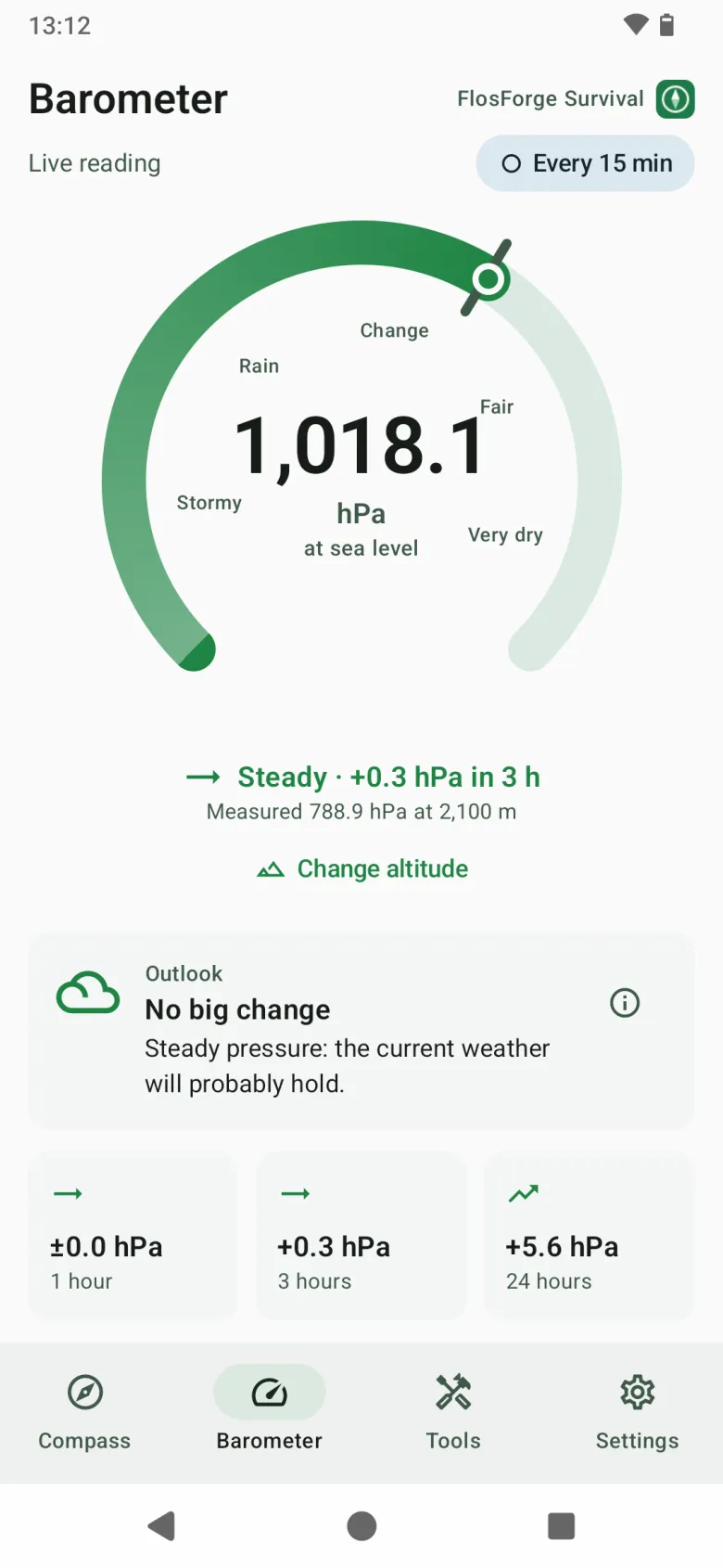 The Barometer tab: an aneroid-style gauge in sea-level hectopascals, the three-hour trend, an outlook, and the 1, 3 and 24-hour changes