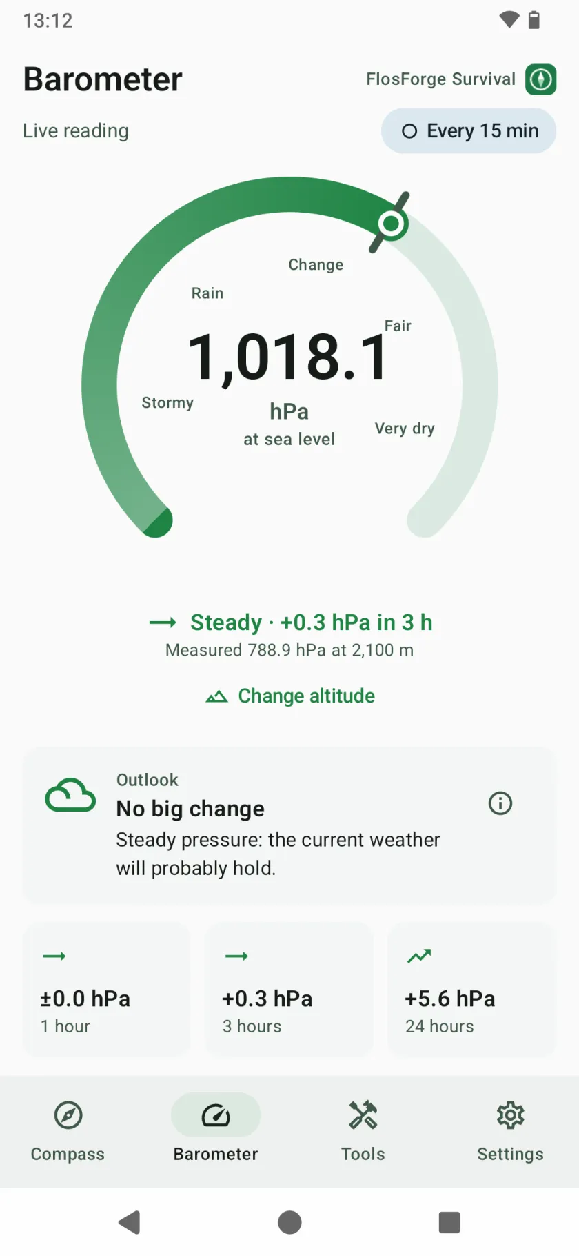 The Barometer tab: an aneroid-style gauge in sea-level hectopascals, the three-hour trend, an outlook, and the 1, 3 and 24-hour changes