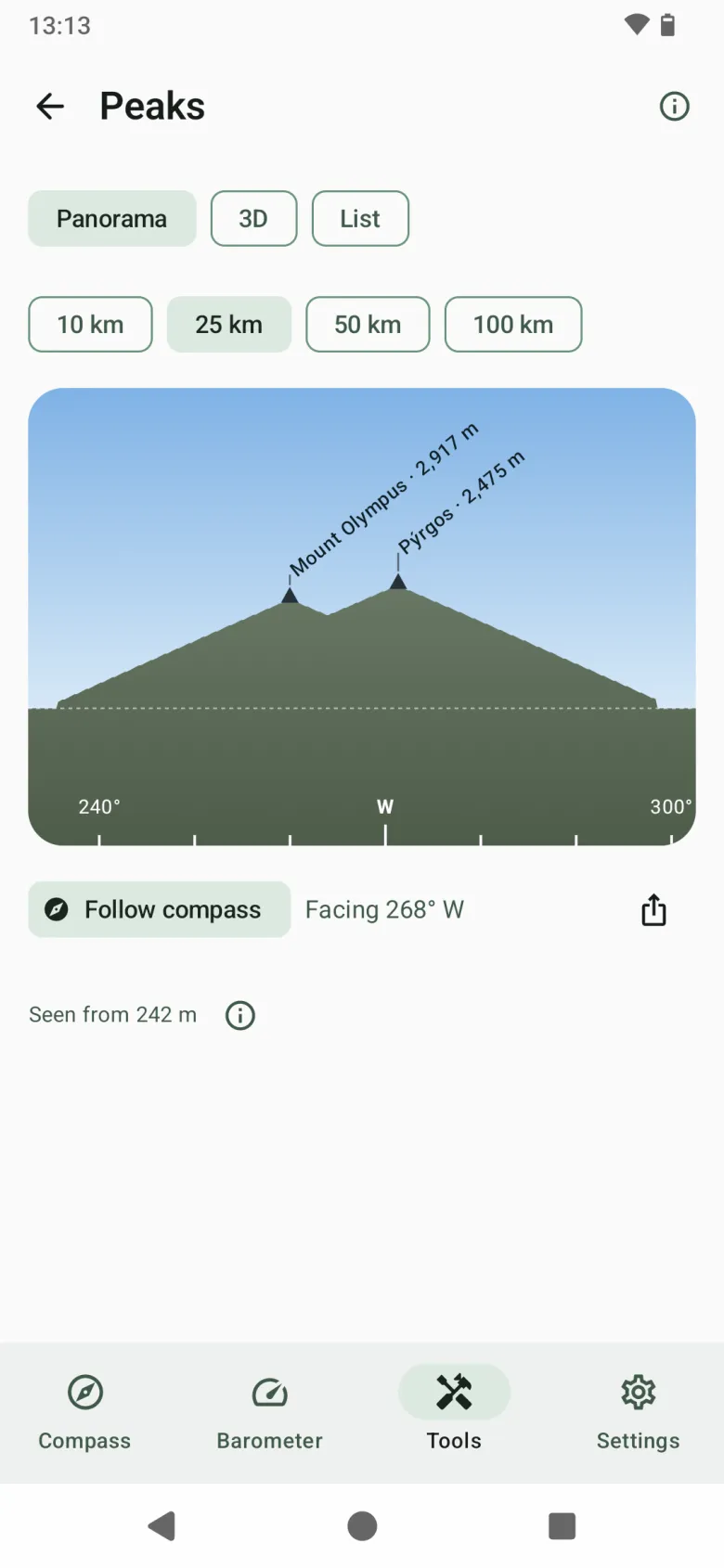 Peaks as a panorama: summits drawn at their true direction and angle, labelled with name and height
