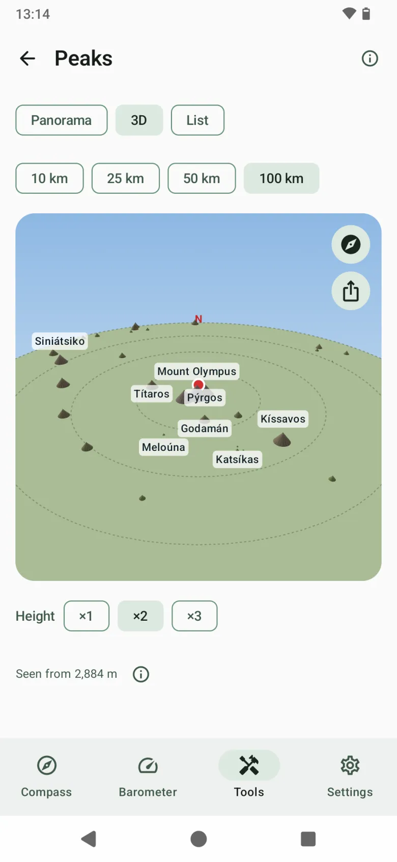 Peaks in 3D: nearby summits as shaded cones around your position