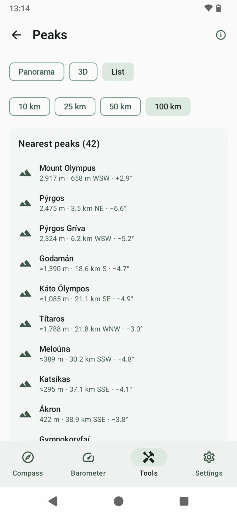 The list of nearest peaks, each with height, distance, direction and angle above or below level
