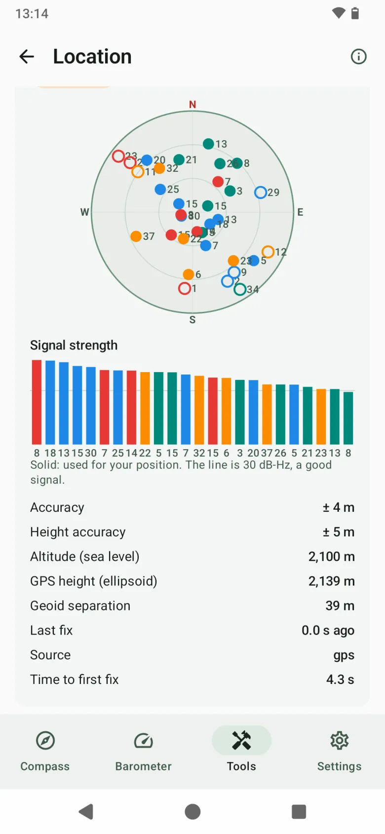GPS details: a sky plot of satellites by system, signal-strength bars, accuracy, geoid separation and time to first fix