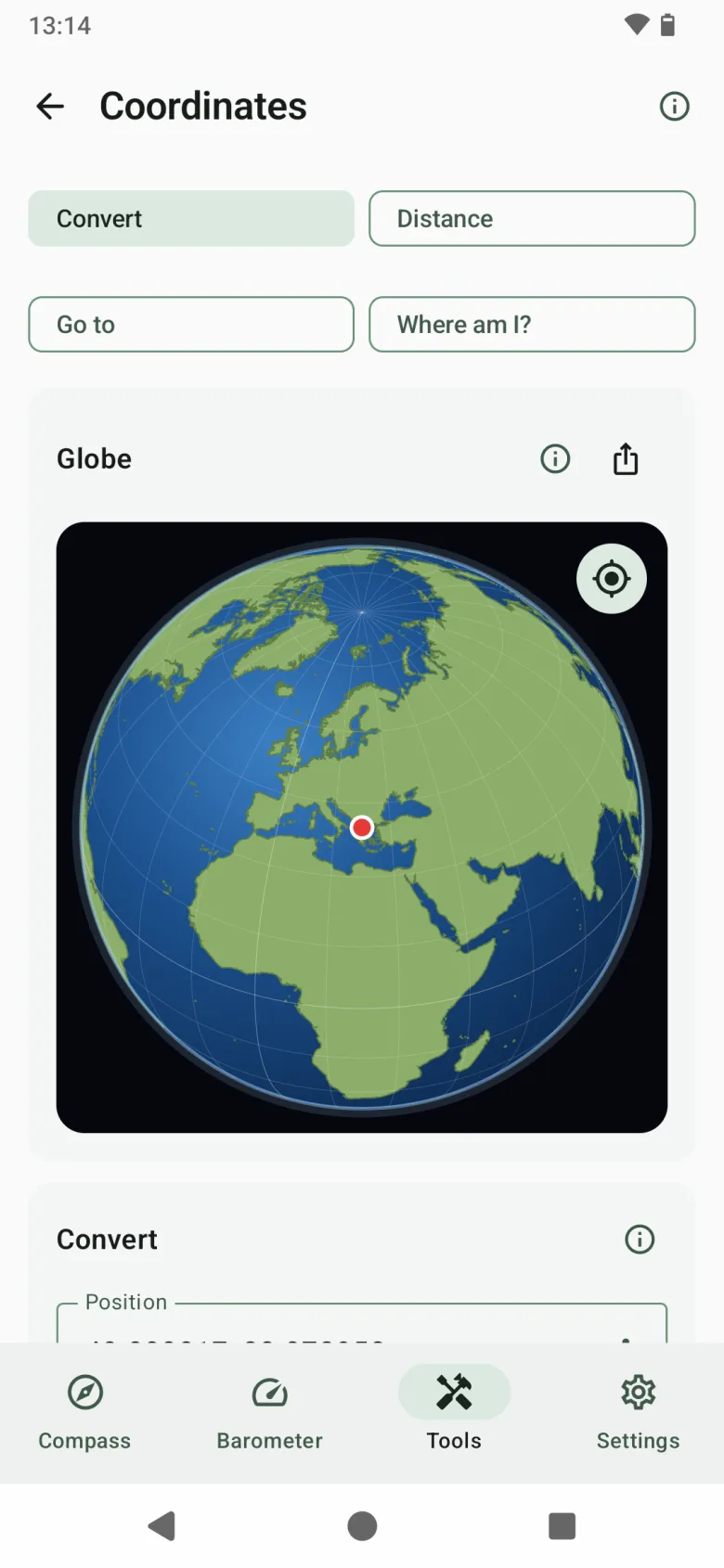 The Coordinates tool: a globe and a coordinate calculator with Convert, Distance, Go to and Where am I