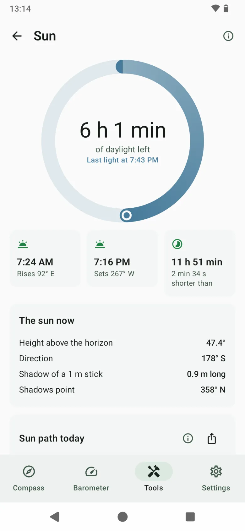 The Sun tool: daylight left in a ring, sunrise and sunset with their directions, day length, and the sun’s height and direction now