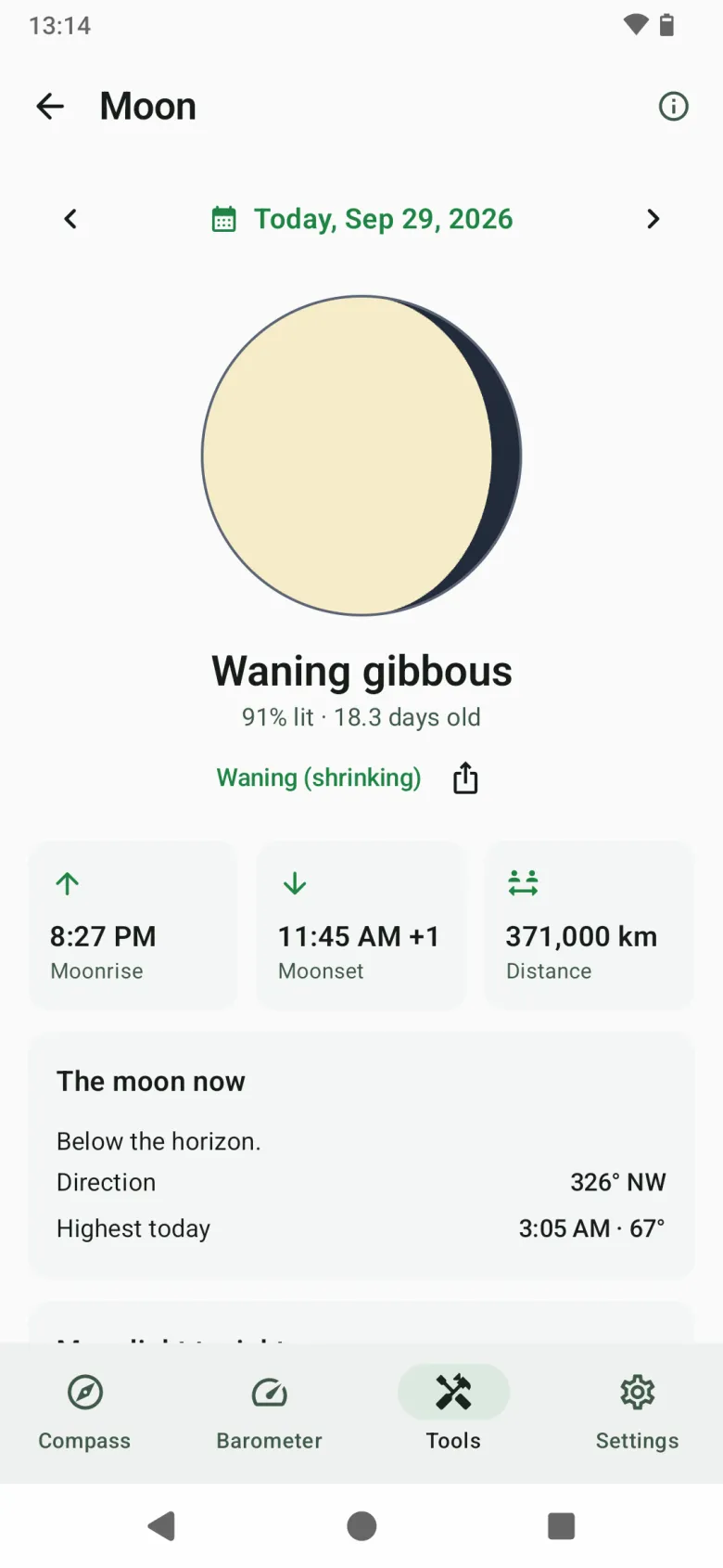 The Moon tool: tonight’s phase as it looks, how much is lit, its age, moonrise, moonset and distance