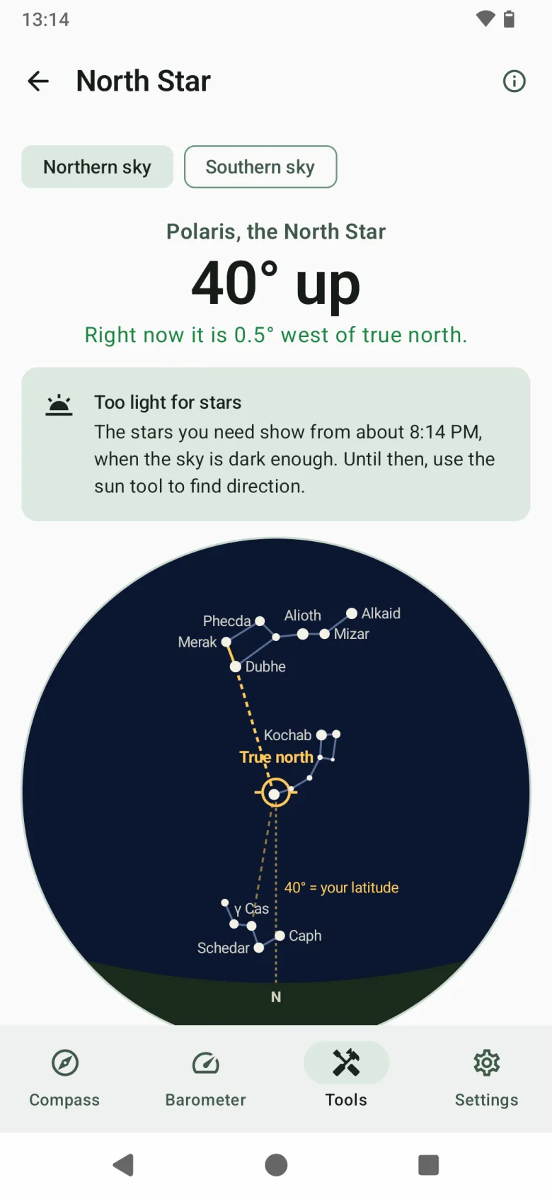 The North Star tool: Polaris’s height and offset from true north, and a sky chart with the Big Dipper and Cassiopeia
