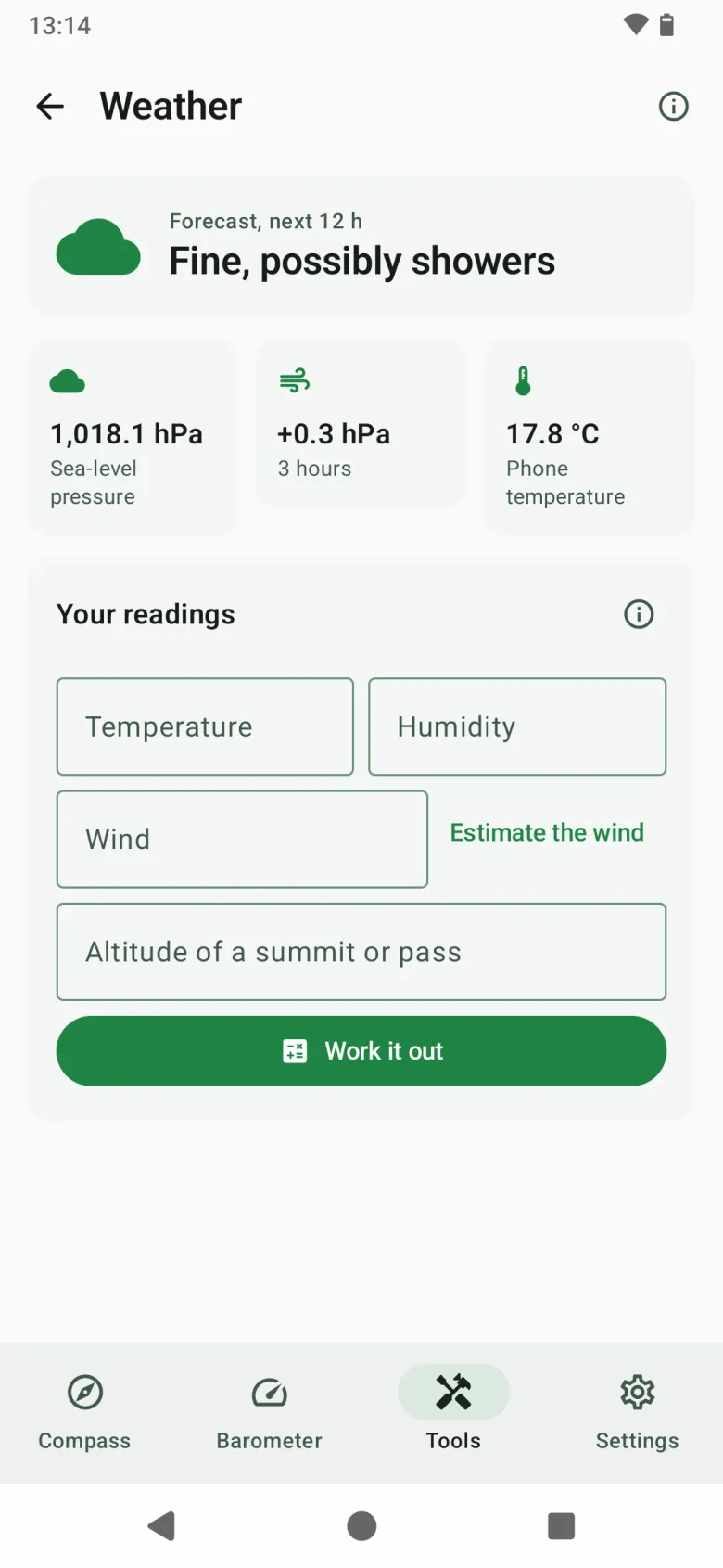 The Weather tool: a forecast from the barometer, sea-level pressure, its tendency and temperature, with inputs for wind chill, dew point and cloud base