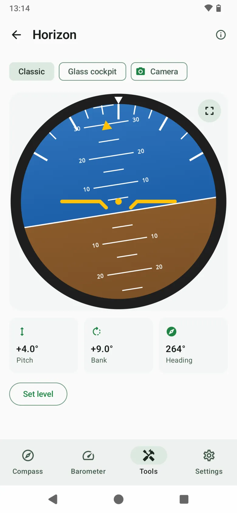 The Horizon tool in classic style: an aircraft attitude indicator driven by the phone’s motion sensors