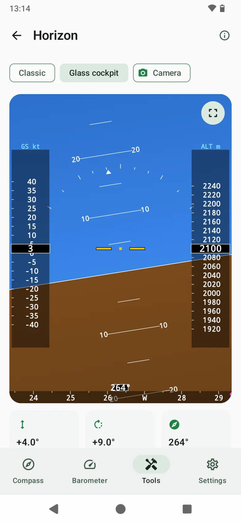 The Horizon tool as a glass cockpit, with speed and altitude tapes and a heading tape
