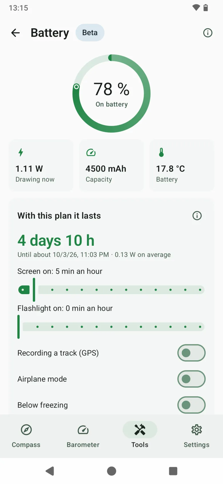 The Battery tool, labelled Beta: charge, power draw, capacity and temperature, and how long the battery lasts with the plan you set