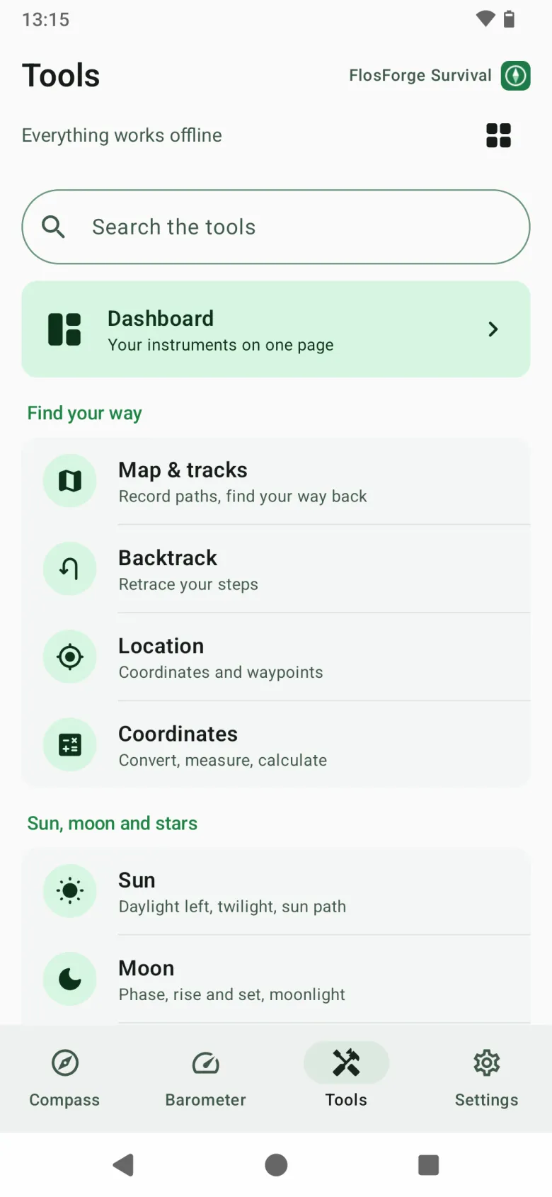 The Tools page: a search box, the Dashboard, and tools grouped under Find your way and Sun, moon and stars