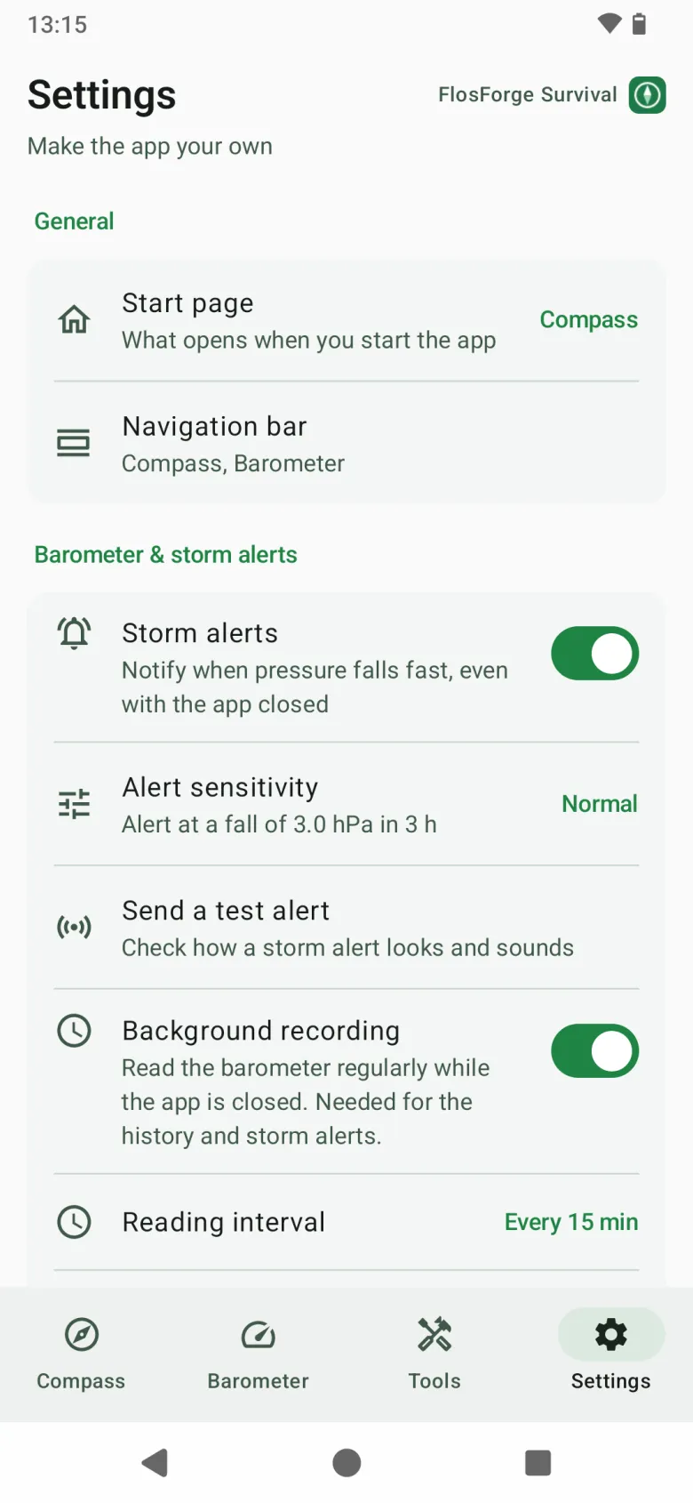 Settings: start page, navigation bar, storm alerts with their sensitivity, a test alert, and background recording