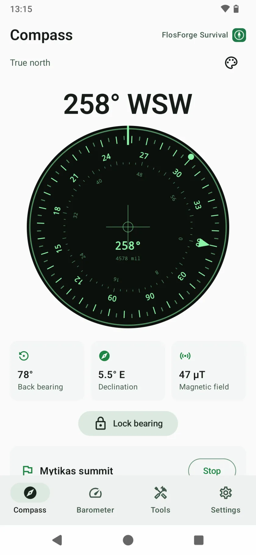 The tactical compass face: a lensatic dial with degrees round the outside and mils inside