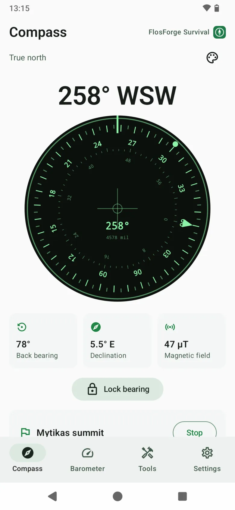 The tactical compass face: a lensatic dial with degrees round the outside and mils inside