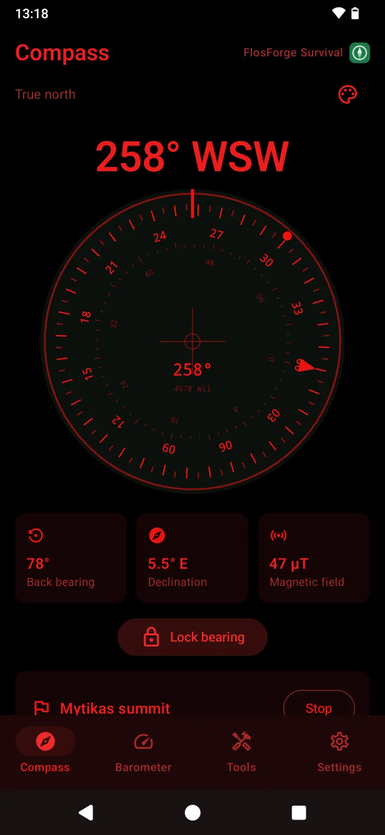 The night-vision theme: the tactical compass drawn entirely in dim red on black