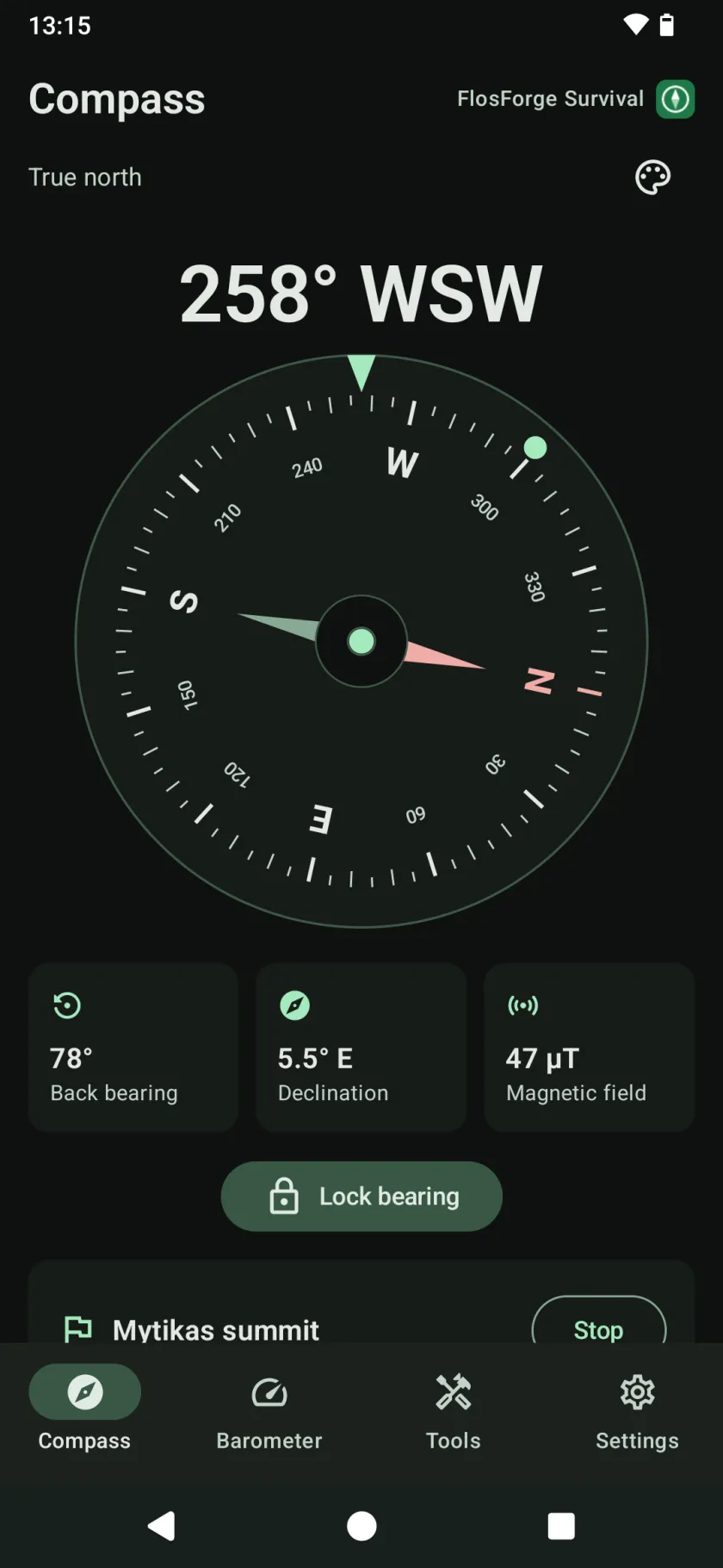 The Compass tab: a classic dial reading in true north, with back bearing, declination and magnetic field below, and a waypoint being navigated to