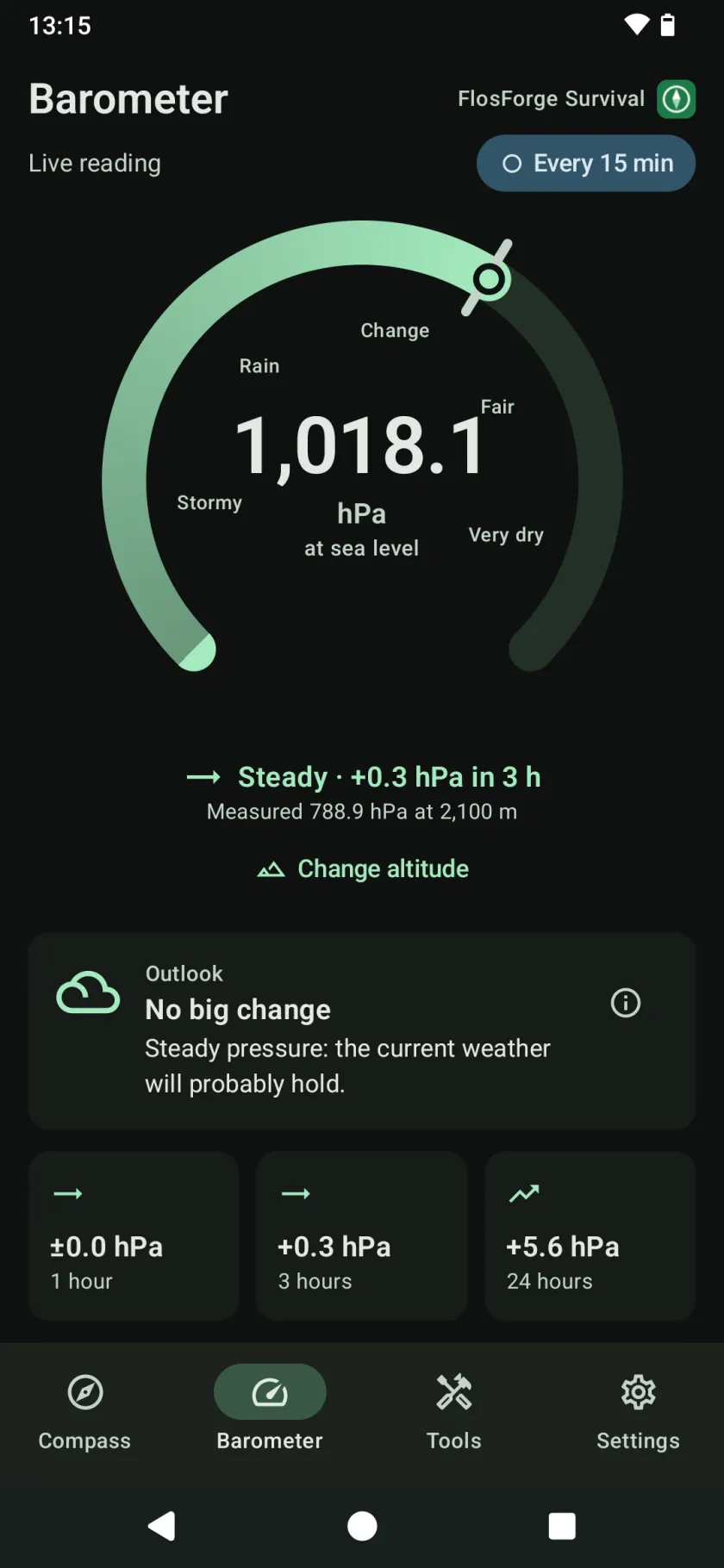 The Barometer tab: an aneroid-style gauge in sea-level hectopascals, the three-hour trend, an outlook, and the 1, 3 and 24-hour changes