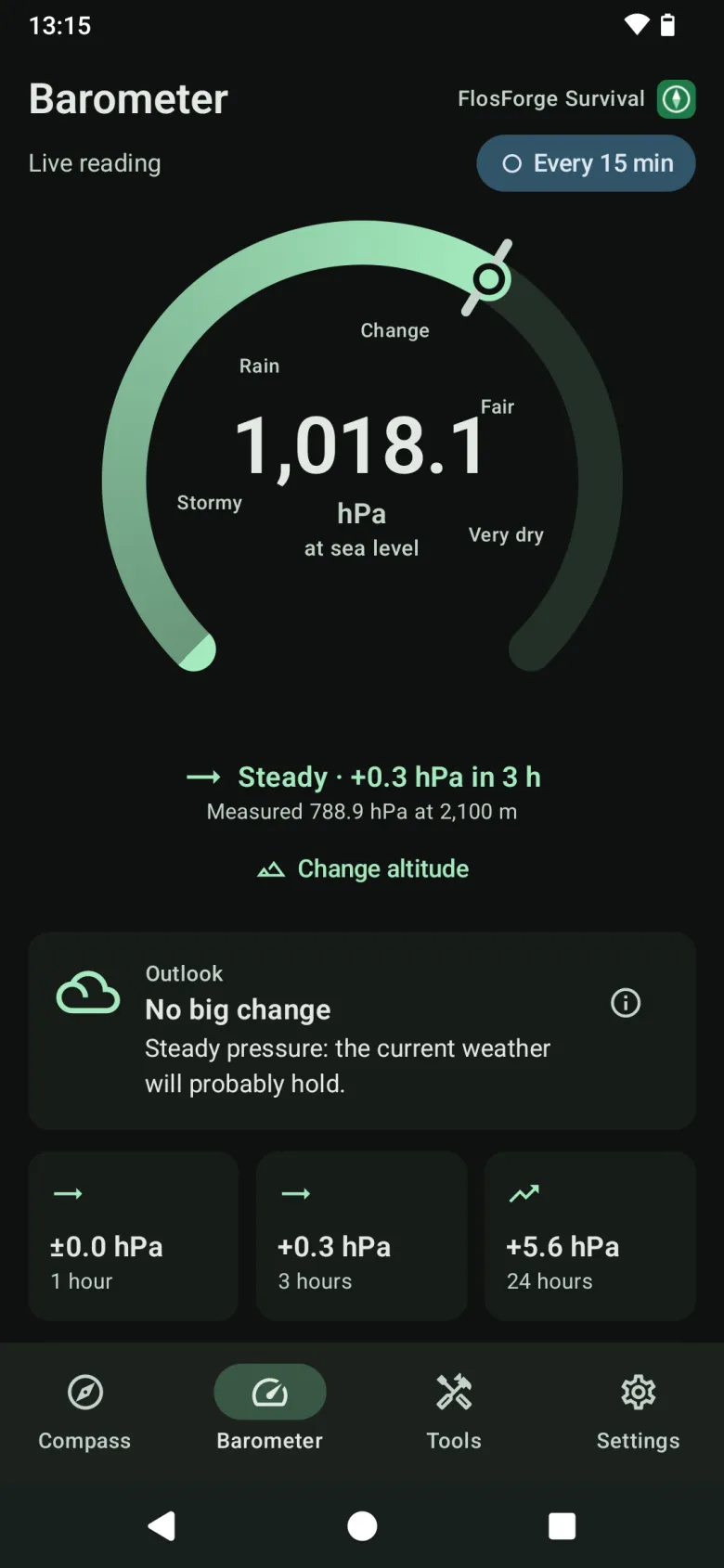 The Barometer tab: an aneroid-style gauge in sea-level hectopascals, the three-hour trend, an outlook, and the 1, 3 and 24-hour changes