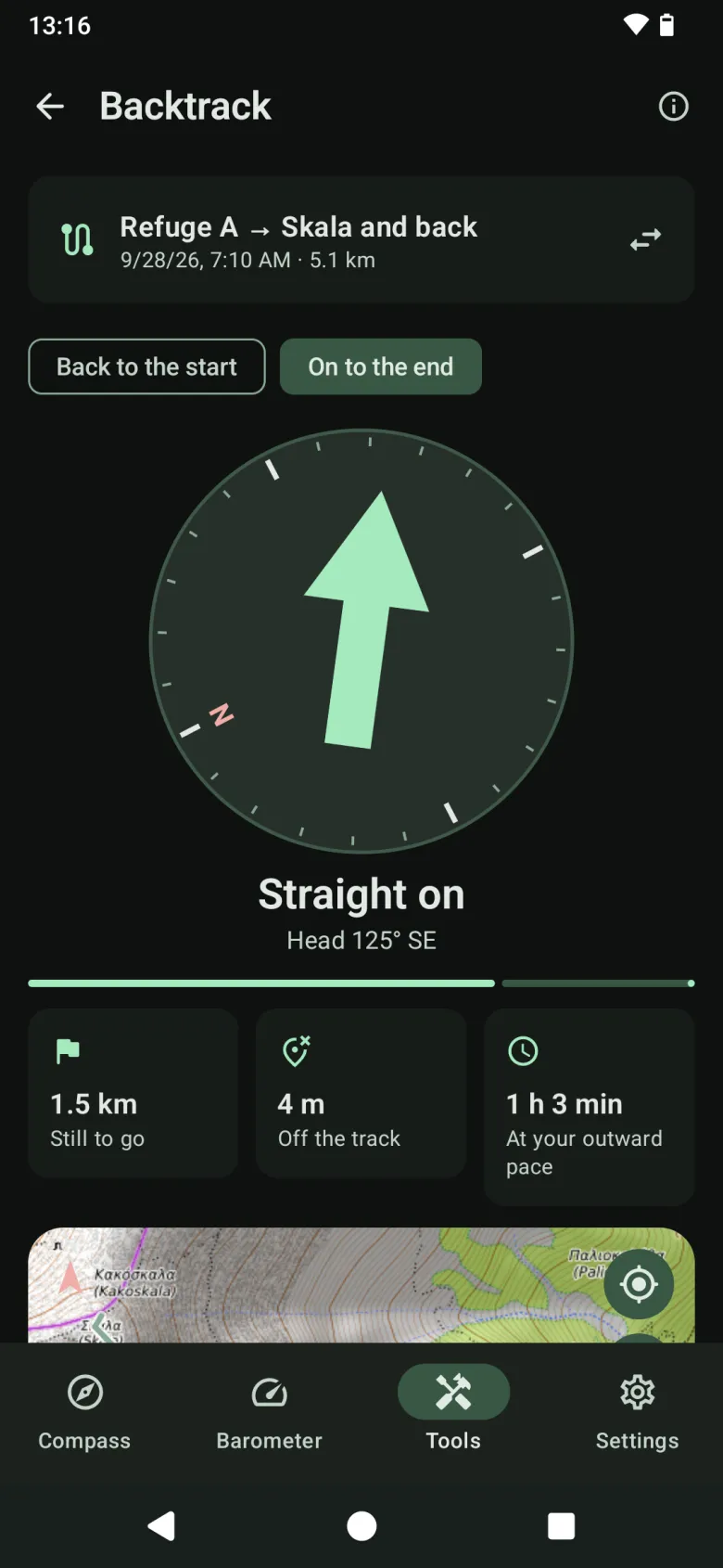 Backtrack: a large arrow pointing along a recorded track, with the distance still to go, how far off the track, and time left at the outward pace