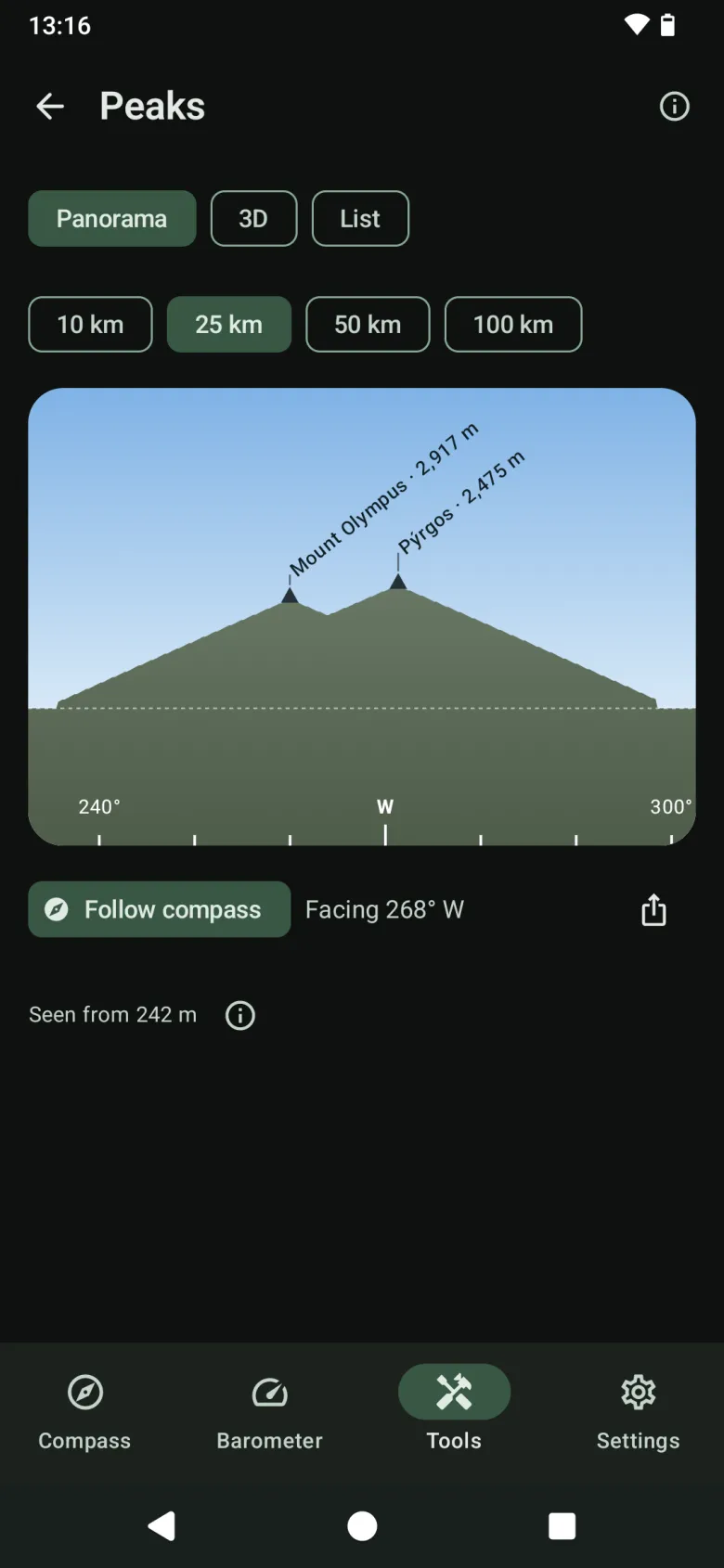 Peaks as a panorama: summits drawn at their true direction and angle, labelled with name and height