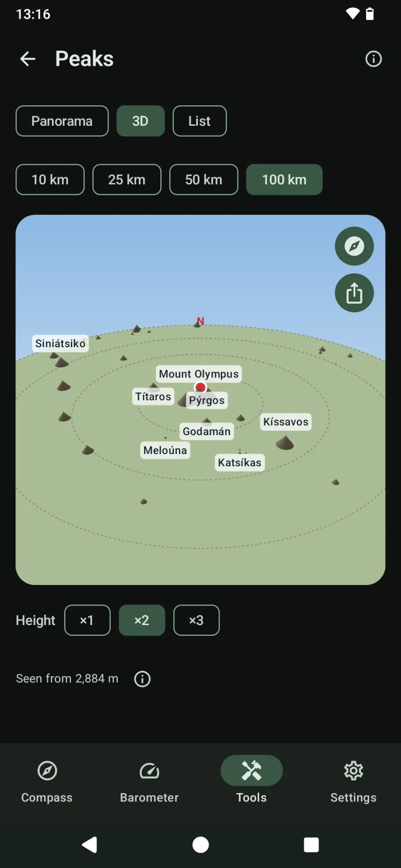 Peaks in 3D: nearby summits as shaded cones around your position