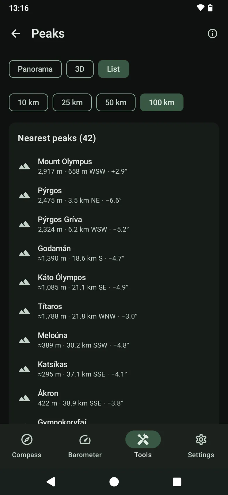 The list of nearest peaks, each with height, distance, direction and angle above or below level