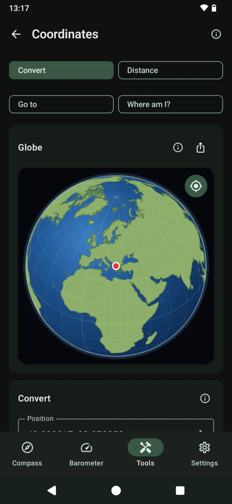 The Coordinates tool: a globe and a coordinate calculator with Convert, Distance, Go to and Where am I