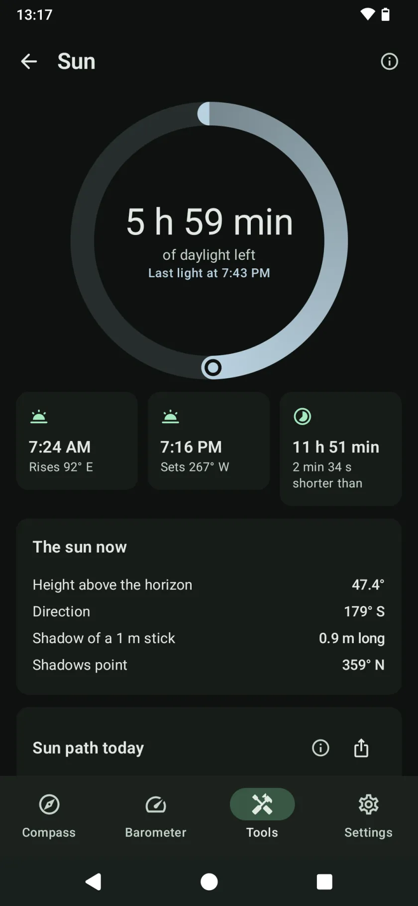 The Sun tool: daylight left in a ring, sunrise and sunset with their directions, day length, and the sun’s height and direction now
