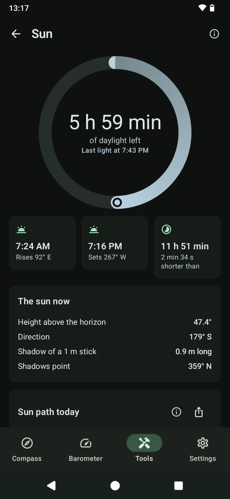 The Sun tool: daylight left in a ring, sunrise and sunset with their directions, day length, and the sun’s height and direction now