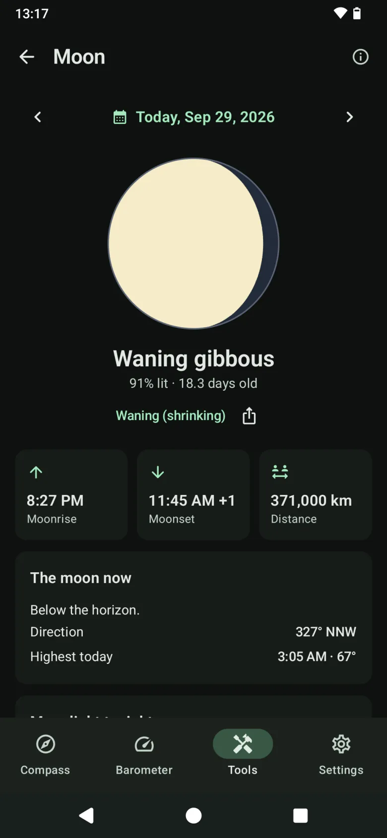 The Moon tool: tonight’s phase as it looks, how much is lit, its age, moonrise, moonset and distance