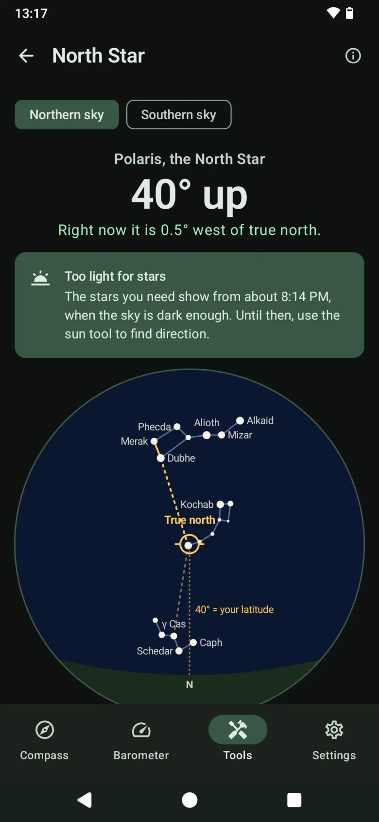 The North Star tool: Polaris’s height and offset from true north, and a sky chart with the Big Dipper and Cassiopeia