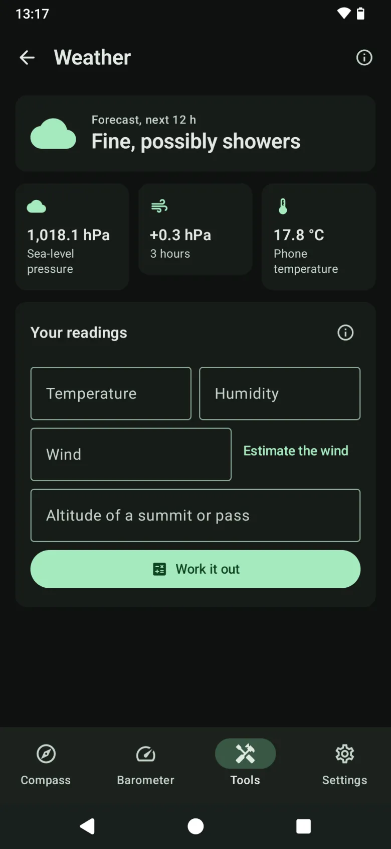 The Weather tool: a forecast from the barometer, sea-level pressure, its tendency and temperature, with inputs for wind chill, dew point and cloud base