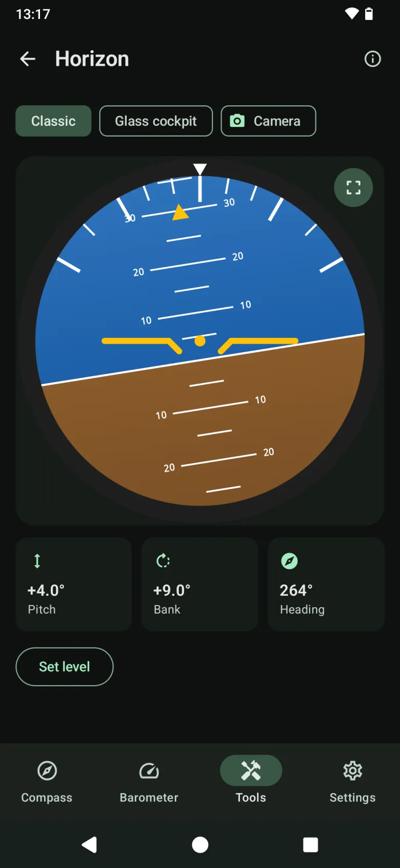 The Horizon tool in classic style: an aircraft attitude indicator driven by the phone’s motion sensors