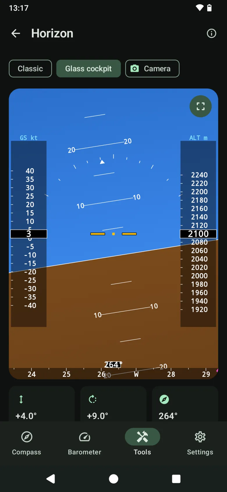 The Horizon tool as a glass cockpit, with speed and altitude tapes and a heading tape