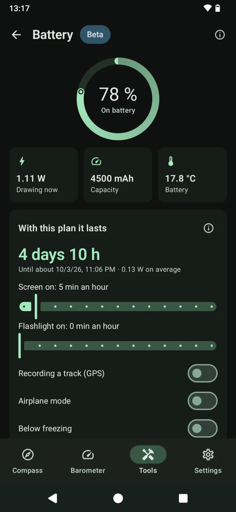 The Battery tool, labelled Beta: charge, power draw, capacity and temperature, and how long the battery lasts with the plan you set