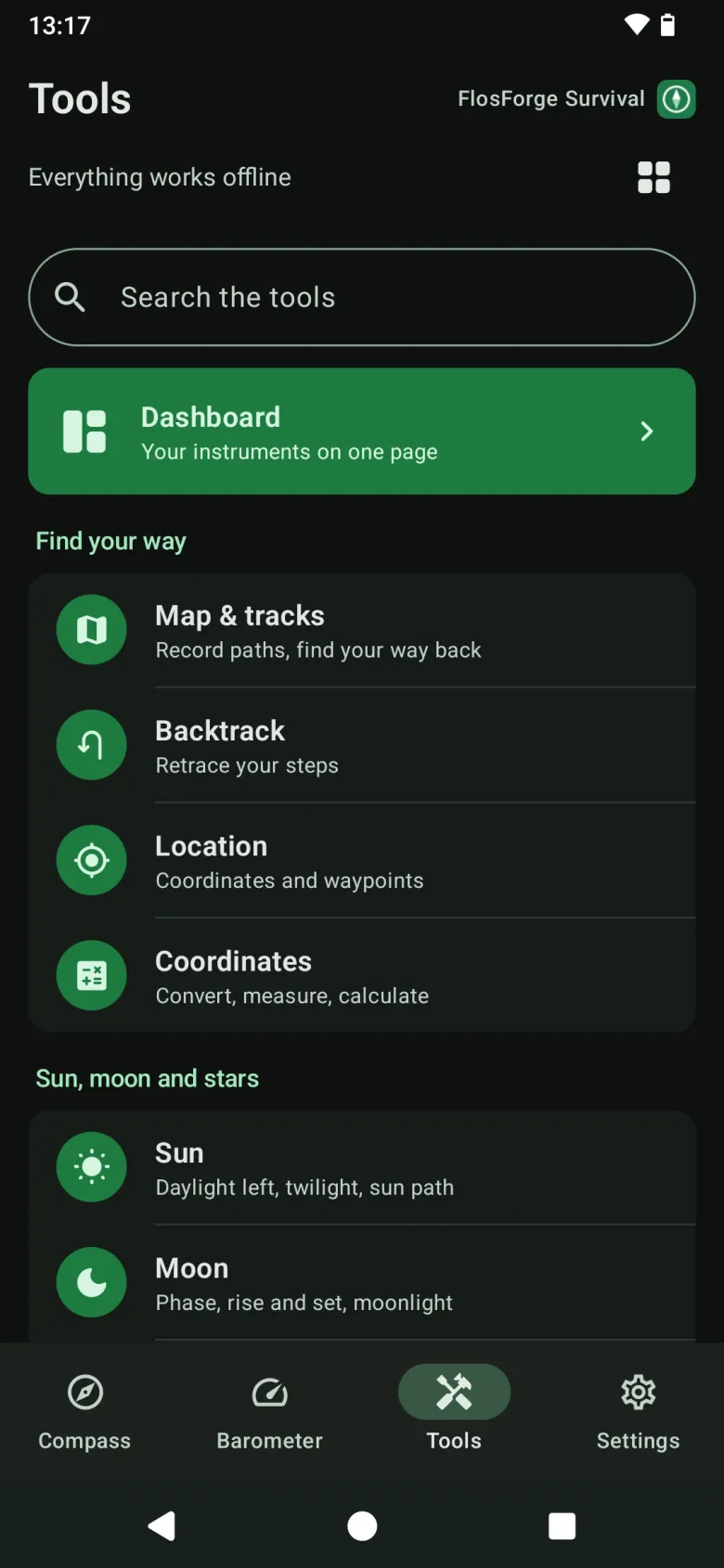 The Tools page: a search box, the Dashboard, and tools grouped under Find your way and Sun, moon and stars