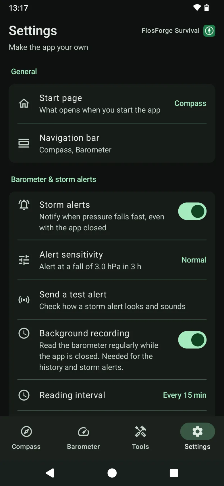 Settings: start page, navigation bar, storm alerts with their sensitivity, a test alert, and background recording