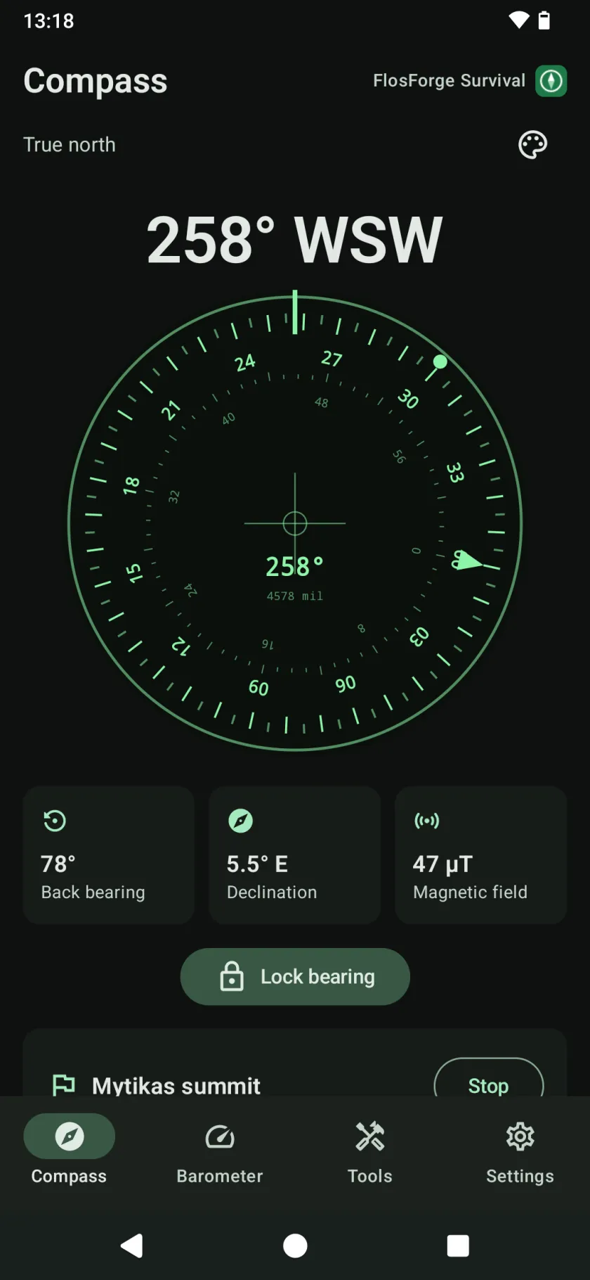 The tactical compass face: a lensatic dial with degrees round the outside and mils inside