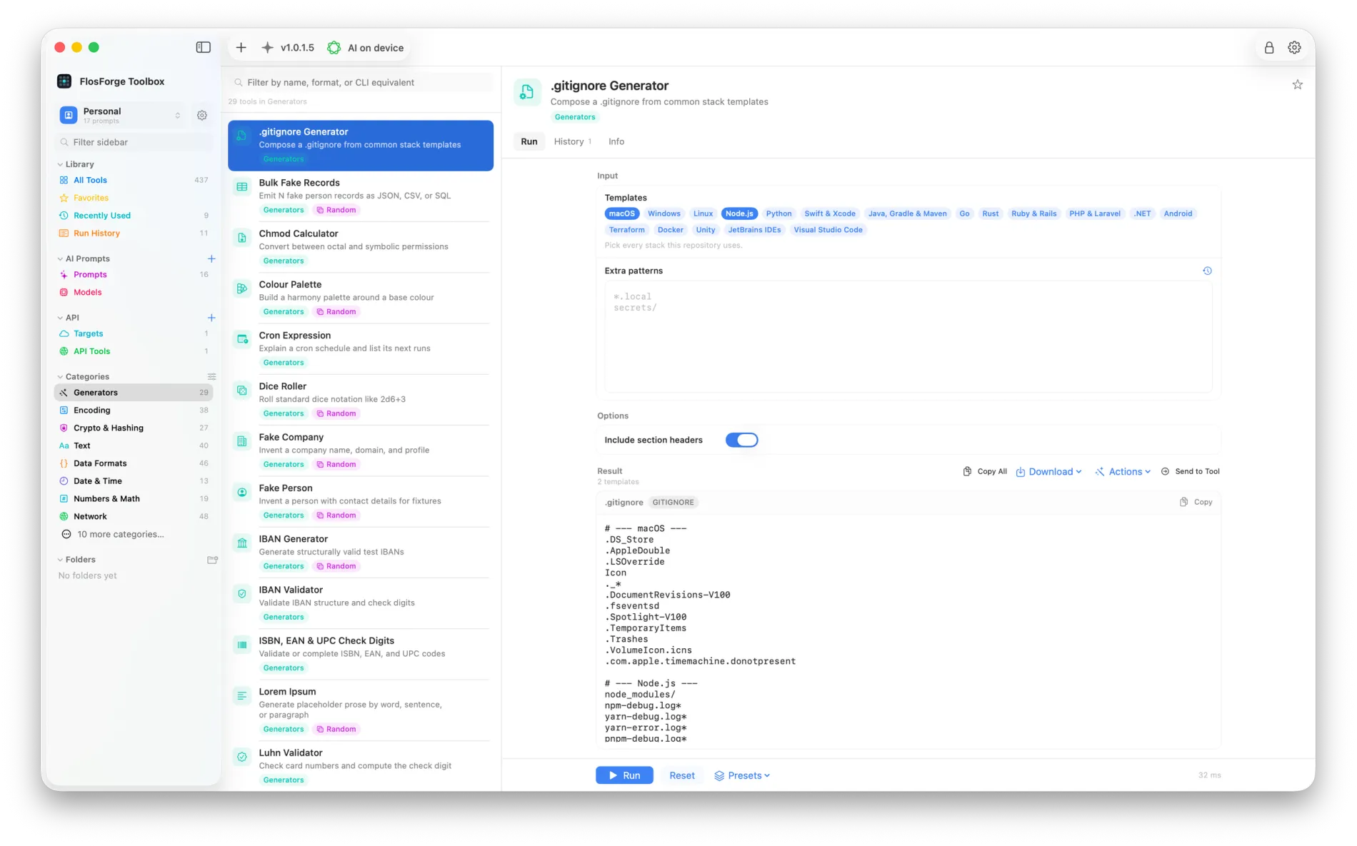 FlosForge Toolbox on macOS, with the category sidebar, a list of generators and one tool open