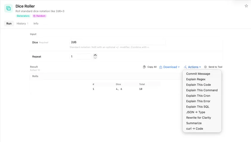 The Actions menu open over a tool result, listing the prompts that can act on it