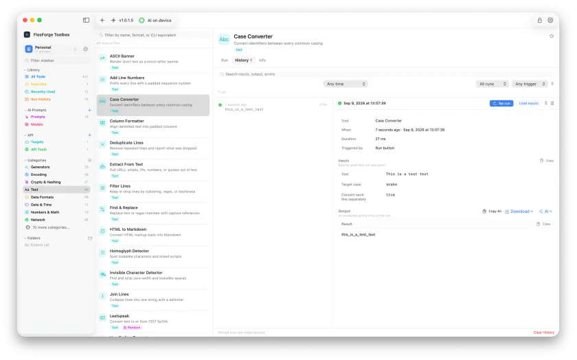 The History tab of a single tool, with one past run selected
