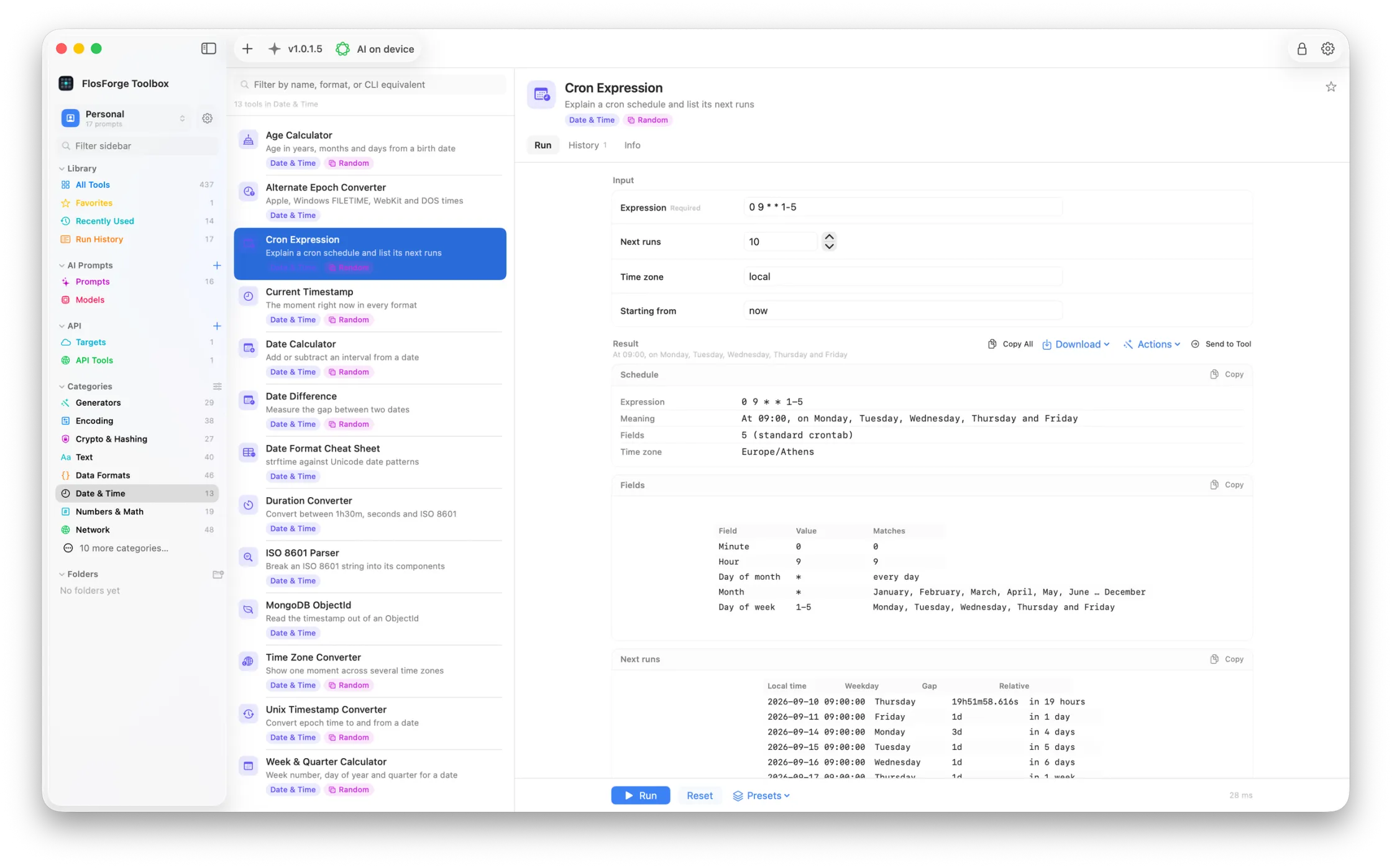 The Cron Expression tool, showing the parsed schedule, its fields and the next runs