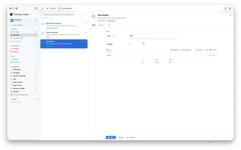 The Favorites row selected in the sidebar, listing starred tools